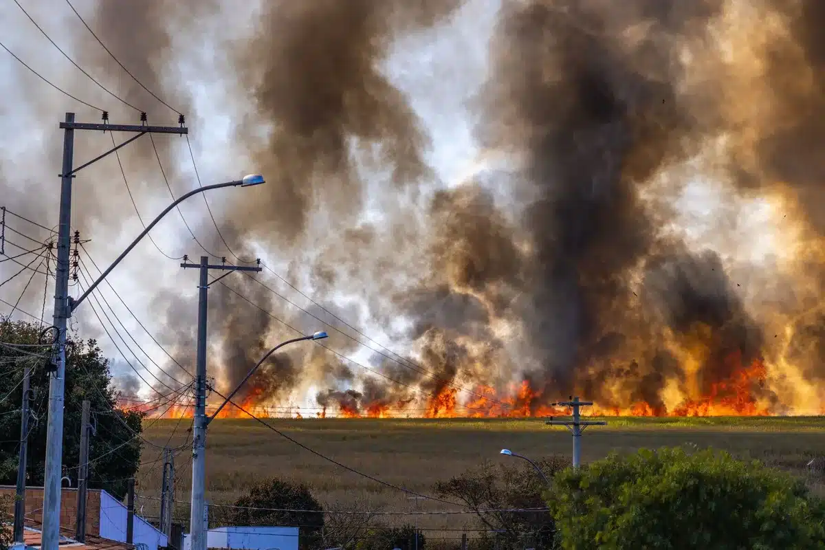 Colonna di fumo da incendio che si alza verso il cielo con aria calda